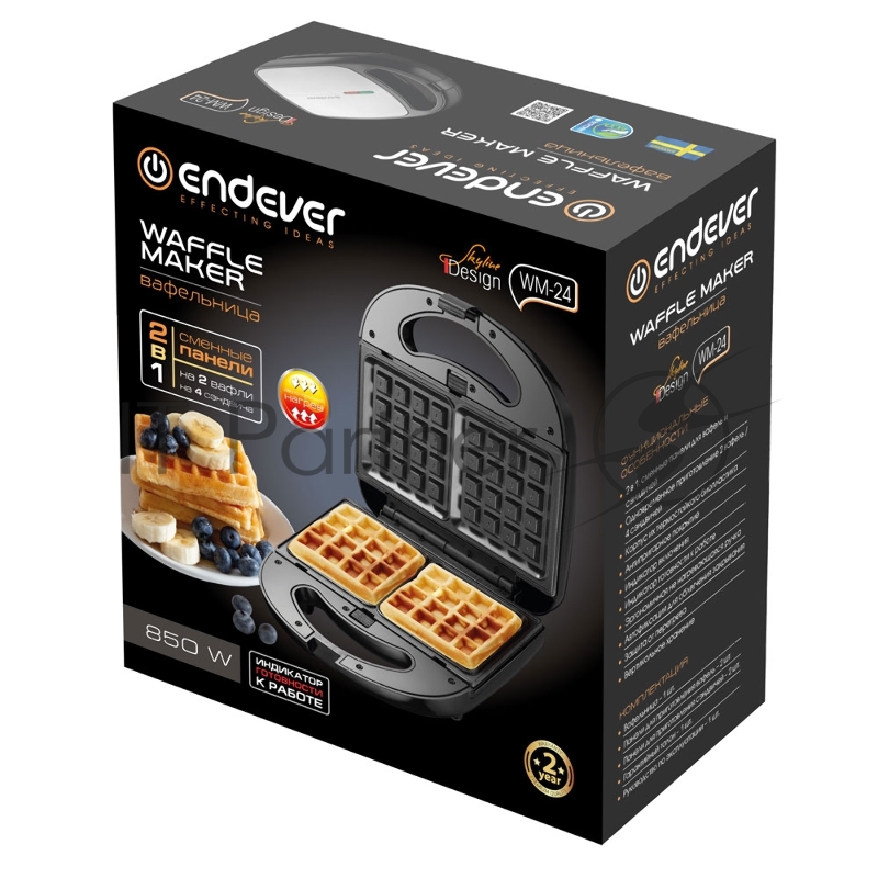 Вафельница электрическая Endever Skyline WM-24 2 в1 , черный/стальной, мощность 850 Вт, автом. терморегулятор, размеры 24,5*23,4 см, 4 шт/уп