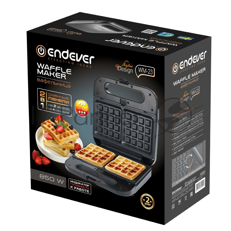 Вафельница электрическая Endever Skyline WM-23 2 в1 , черный, мощность 850 Вт, автом. терморегулятор, размеры 23,4*22,7 см, 4 шт/уп