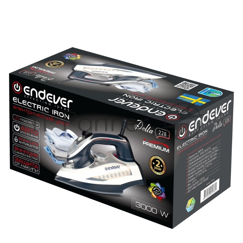 Утюг электрический Endever Delta-228 темно-синий/белый, 3000 Вт, подача пара 65 г/мин, паровой удар 180 г/мин, 10 шт/уп