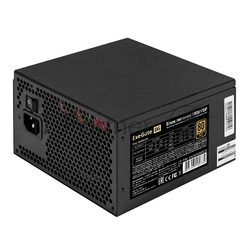 Блок питания 1000W ExeGate 80 PLUS® GOLD 1000VSP FС (ATX3.0, APFC, КПД 90% (80 PLUS GOLD), 120mm fan, 24pin, 2x(4+4)pin, PCIE5.0/12VHPWR, 4xPCI-E, 6xSATA, 3xIDE, 1xFDD, Full Cable Management, black, Color box)