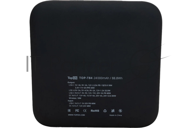 Универсальный внешний аккумулятор TopON TOP-T84, DC, USB, 2xType-C, 24000mAh (88,8 Wh), до 84Вт , Черный