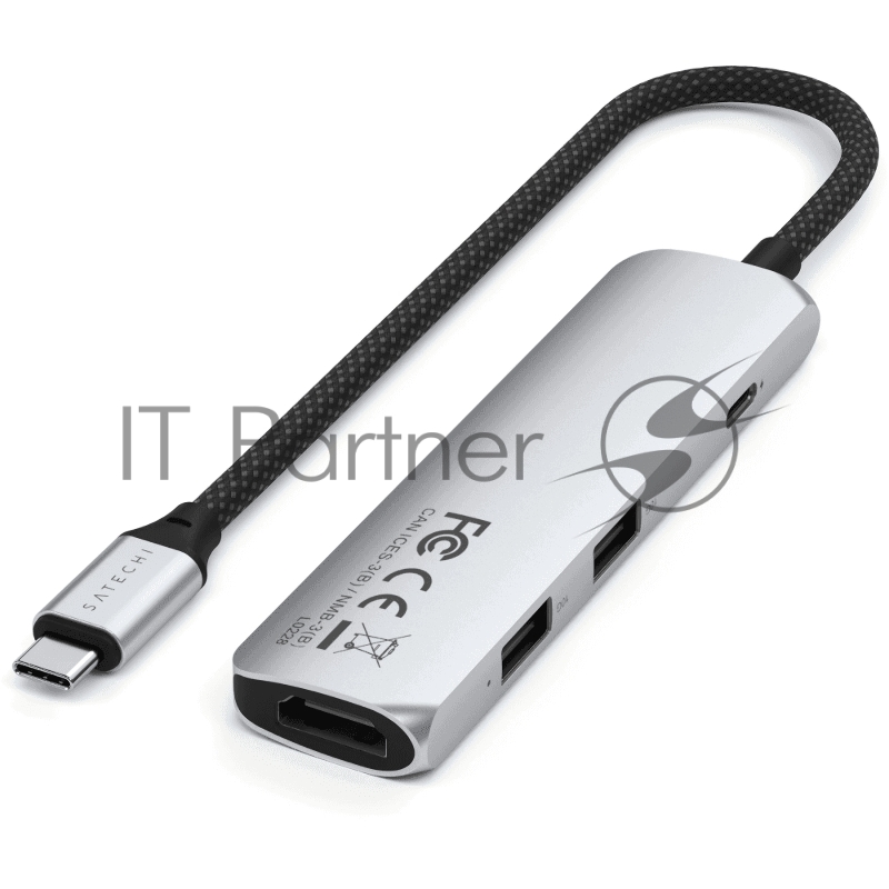 USB-хаб Satechi 4-in-1 USB-C Slim Multiport Adapter 4K (Type-C, HDMI, 2x Type-A), до 80 Вт, Серебристый Док-станция ST-P4SS