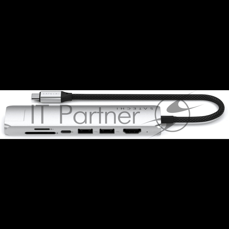 USB-хаб Satechi 7-in-1 USB-C Slim Multiport Adapter with Ethernet (Type-C,HDMI, 2xType-A, SD,microSD, RJ-45), до 80 Вт Серебристый Док-станция ST-P7SS