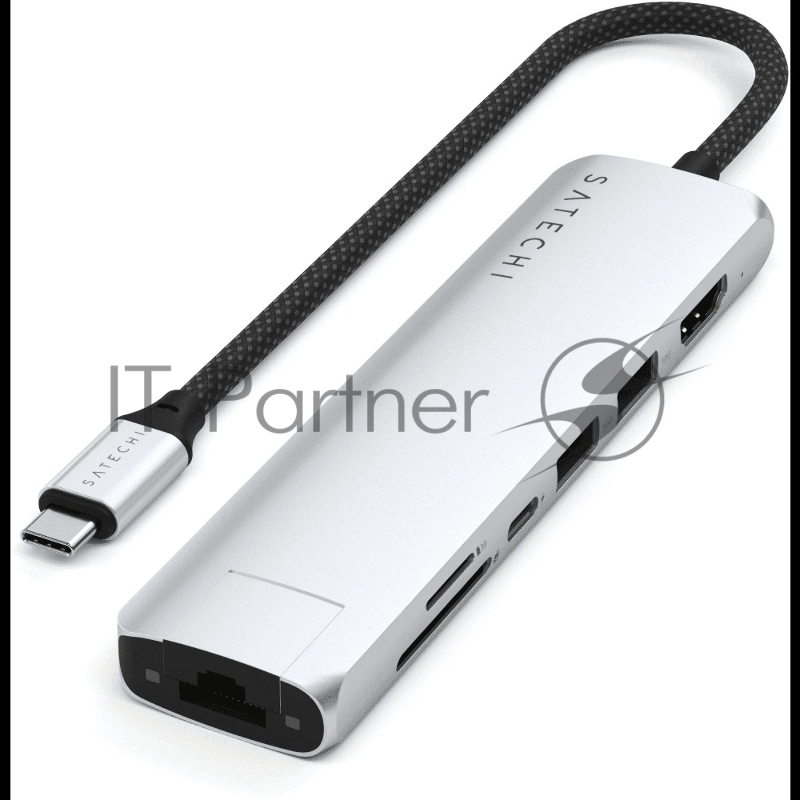 USB-хаб Satechi 7-in-1 USB-C Slim Multiport Adapter with Ethernet (Type-C,HDMI, 2xType-A, SD,microSD, RJ-45), до 80 Вт Серебристый Док-станция ST-P7SS