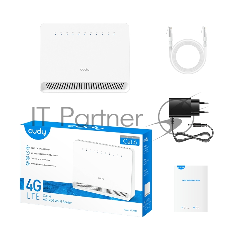 Маршрутизатор AC1200 Wi-Fi 4G LTE Cat 6 Gigabit Router, 4 10/100/1000M RJ45 Ports, Nano SIM Slot, Quectel module inside,build-in 4G LTE modem, 300Mbps at 2.4GHz + 867Mbps at 5GHz, Internal Antennas, PPTP/L2TP/OpenVPN/WireGuard VPN, DNS over Cloudfl