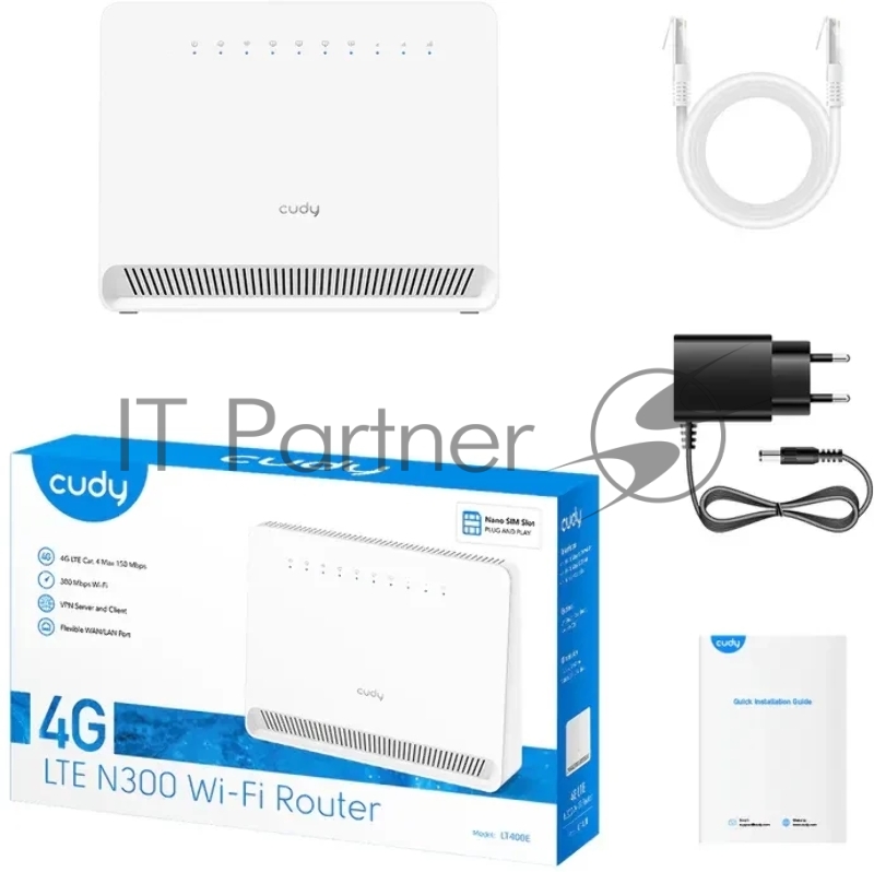 Маршрутизатор N300 Wi-Fi 4G LTE Cat.4 Router, build-in 4G LTE modem, 4 10/100M RJ45 Ports, Nano SIM Slot, 300Mbps at 2.4GHz, Internal antennas, PPTP/L2TP/OpenVPN/WireGuard VPN, DNS over Cloudflare/Google/Quad9, DDNS, SMS, Band locking, TR069/TR098/T