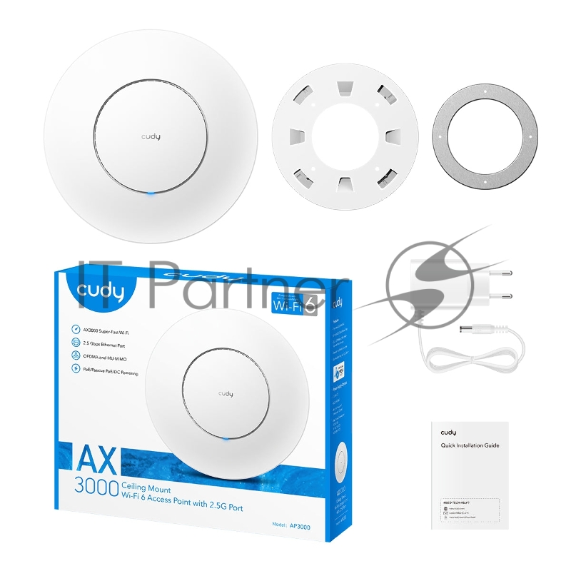 Точка доступа AX3000 Dual Band Ceiling Mount Wi-Fi 6 Access Point, Chipset MT7981, 802.11ax/ac/a/b/g/n, 2402Mbps at 5GHz + 574Mbps at 2.4GHz, 1 x 2.5G RJ45 Port, MU-MIMO, Support 12V DC or 802.3at PoE or Passive PoE, Internal Antennas, 48V passive P