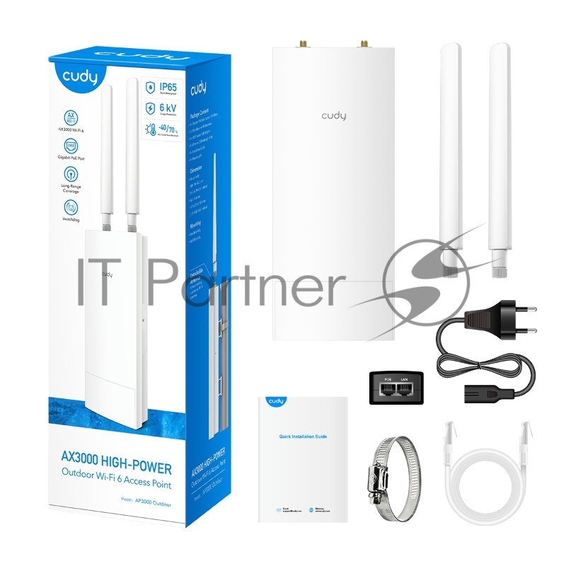 Точка доступа AX3000 High Power WiFi 6 Gigabit Outdoor Access Point, 2402Mbps at 5GHz + 574Mbps at 2.4GHz, 1 x Gigabit RJ45, 2 Detachable Antennas, 802.3at/802.3af PoE or 48V passive PoE, IP65 Waterproof, lightning protection, 48V passive PoE adapter