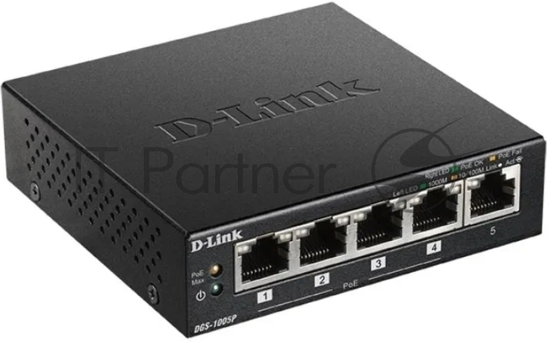 Неуправляемый коммутатор D-Link DGS-1005P/B3A с 5 портами 10/100/1000Base-T (4 порта PoE 802.3af/at, PoE-бюджет 60 Вт)