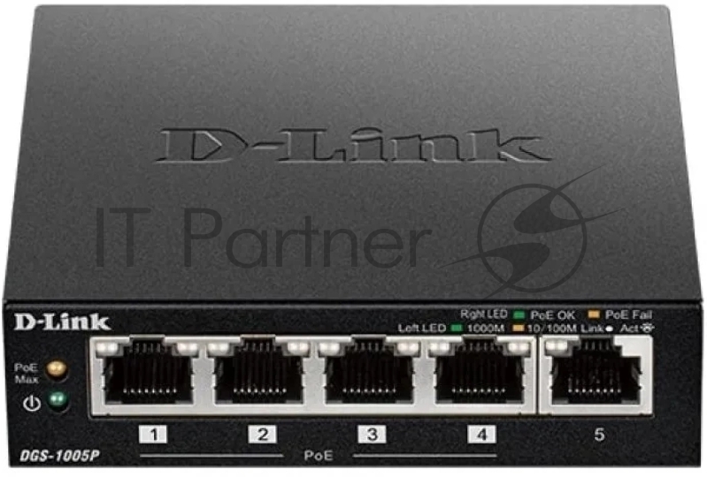 Неуправляемый коммутатор D-Link DGS-1005P/B3A с 5 портами 10/100/1000Base-T (4 порта PoE 802.3af/at, PoE-бюджет 60 Вт)