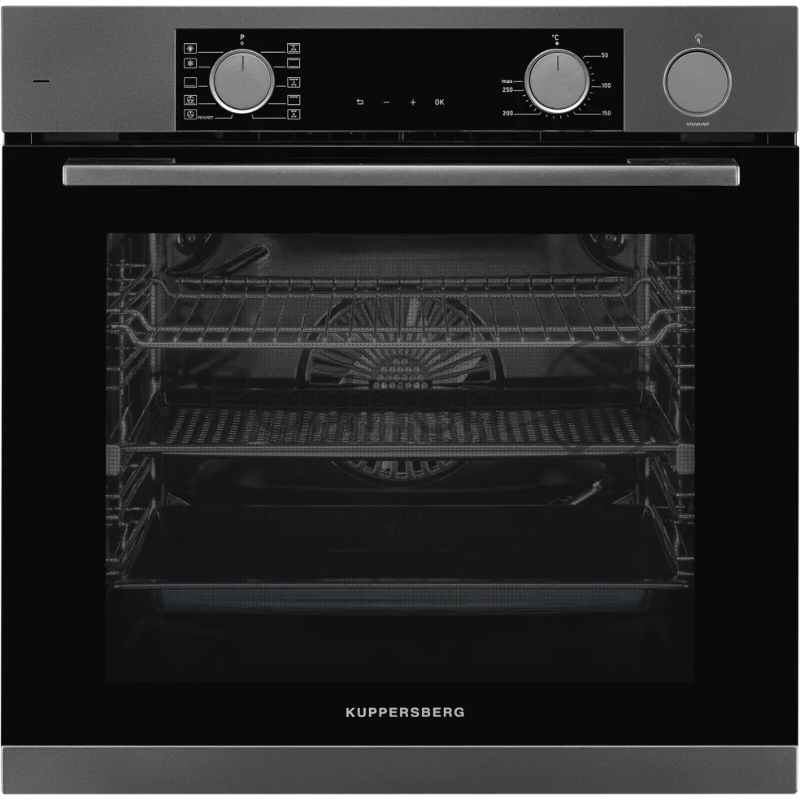 Электрический духовой шкаф Kuppersberg KSO 610 SG 60 см, 80 л, High-Tech, 10 режимов, ПАР, Soft Close, телескопические направляющие, черный/темный графит