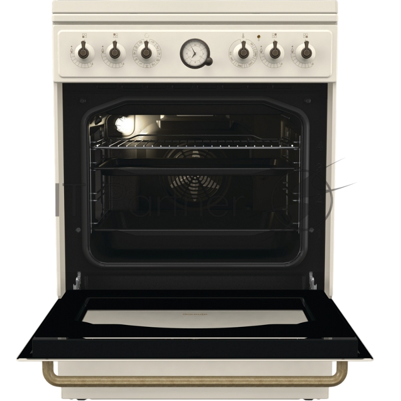 Плита Gorenje, комбинированная, 60 см, объем 71 л, электронный программатор с аналоговым дисплеем, автоматический электроподжиг, очистка паром AquaClean, энергоэффективность А, цвет бежевый