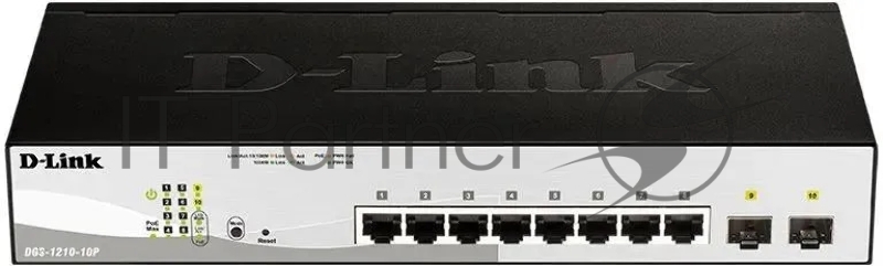 Коммутатор D-Link DGS-1210-10P/FL2A Управляемый L2 коммутатор с 8 портами 10/100/1000Base-T и 2 портами 1000Base-X SFP (8 портов PoE 802.3af/at, PoE бюджет 65 Вт)