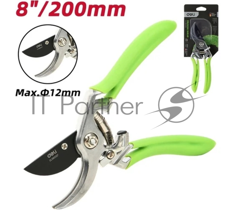 Секатор садовый Deli DL580207 цельнокованный, лезвия с тефлоновым покрытием, длина 215мм, макс. диаметр резки 12мм, сталь SK5