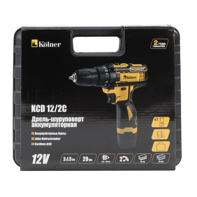 Дрель-шуруповерт аккум. 12V 29 Нм KOLNER KCD 12/2C, БЗП 0,8-10мм, 0-350/1350 об/мин, 2 скорости, подсветка (2х1.5 Ач, зу, кейс)