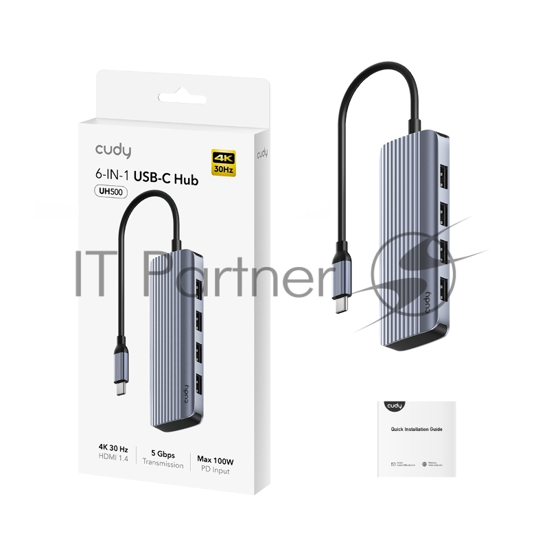 Концентратор USB-C Cudy UH500, 1 USB-C 3.0, 1x 4K@30Hz HDMI Port, 1x 100W USB-C port for PD Charging, 4x USB-A (UH500)