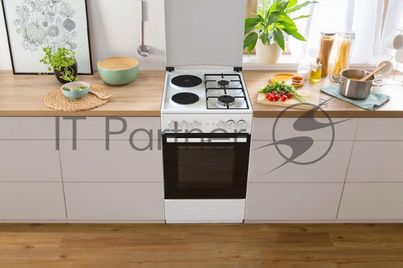 Комбинированная плита Gorenje GK5A12WG, полезный объем 68 л, очистка паром AquaClean, сводчатая форма духовки, механическое управление, электроподжиг, цвет белый