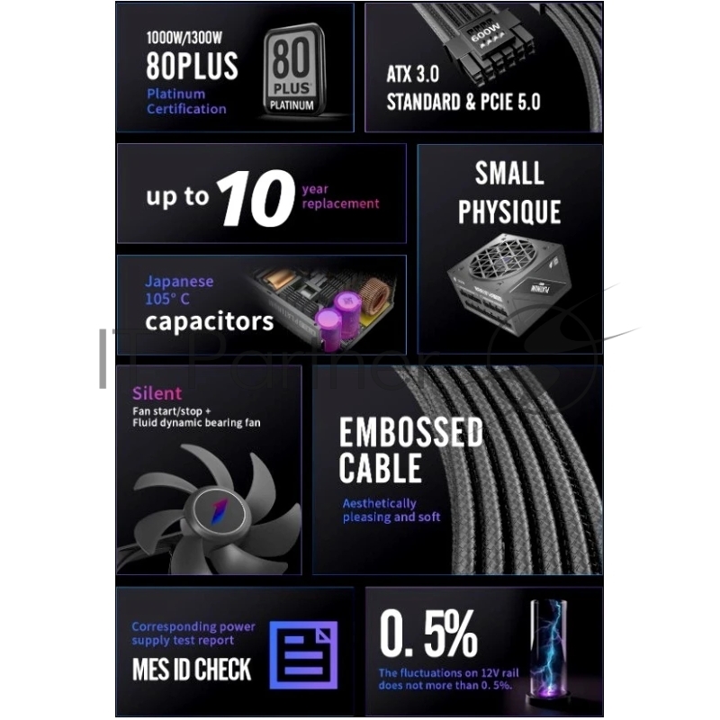 1STPLAYER NGDP Platinum 1000W Black / ATX3.0, APFC, 80 PLUS Platinum, SR + LLC + DC-DC, 120mm fan, full modular / HA-1000BA3-BK