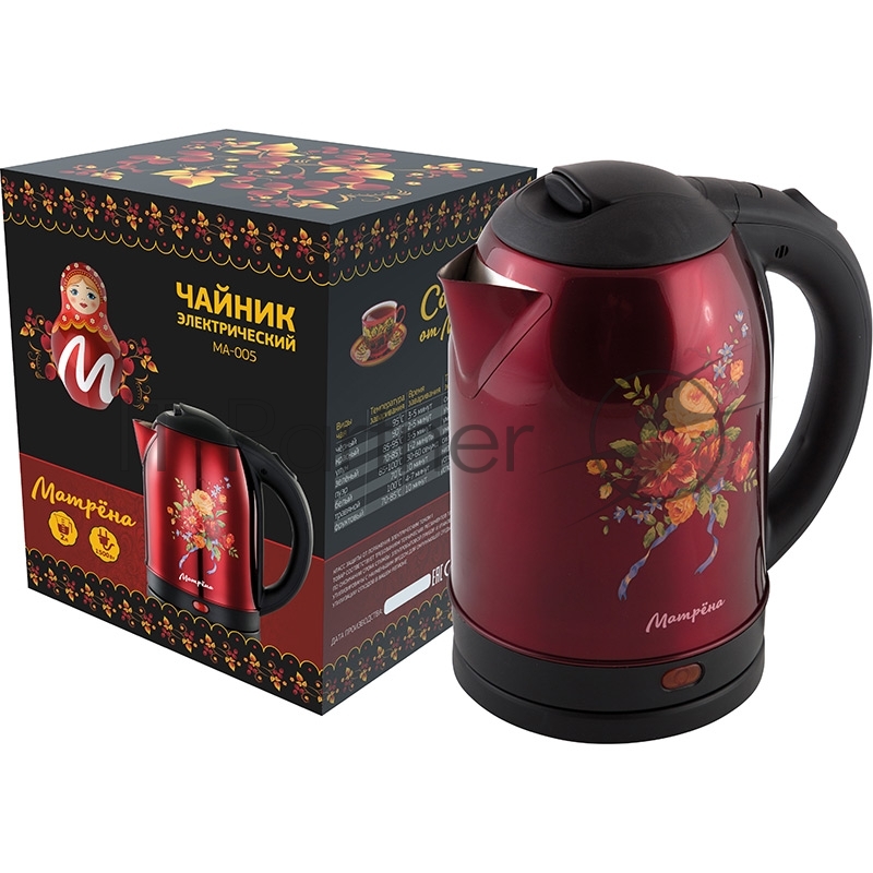 Чайник Матрена MA-005 электрический (2,0 л) стальной красный хохлома