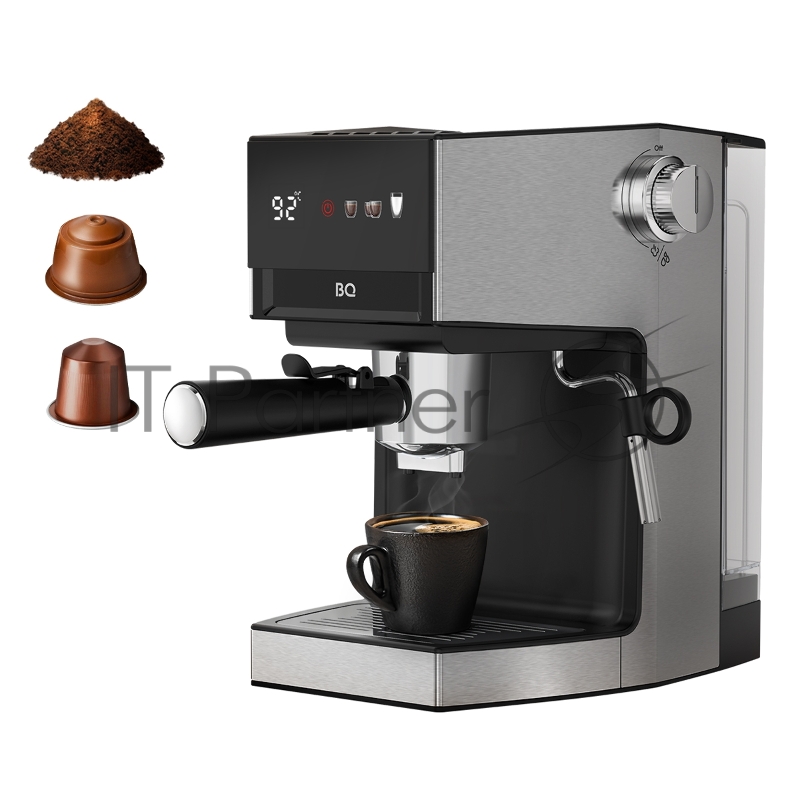 Кофеварка BQ CM3003 Steel-Black. Кофеварка эспрессо 3 в 1 / Давление: 19 бар / Мультисистема 3 в 1 Nespresso, Dolce Gusto, молотый кофе / Встроенный капучинатор / LED-дисплей: с помощью дисплея вы можете увидеть текущую температуру воды, выбрать объе