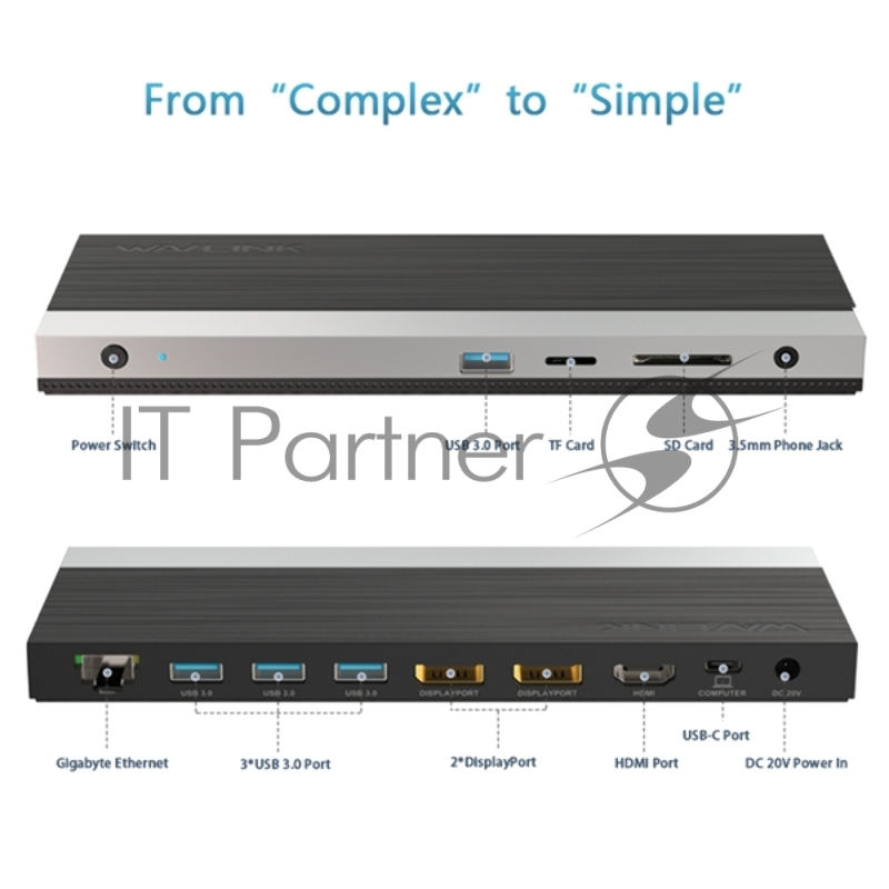 Док-станция Docking Station WAVLINK USB-C GEN2 4K Universal /100W PowerDelivery Include 20V/6.5A Power Adapter/ 4xUSB3.0/1xUSB C/2xDP 4K 60HZ/1xHDMI 4K 60HZ/1xGigabit LAN/1xAudio In/Out/1xSD/Micro SD CardReader