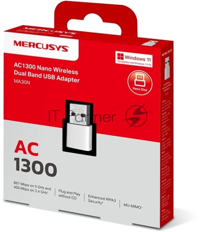 Mercusys MA30N Сверхкомпактный двухдиапазонный USB-адаптер Wi-Fi AC1300