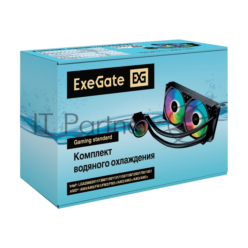Комплект водяного охлаждения ExeGate BlackWater-240V3.PWM.ARGB (3 PIN 5V ADDRESSABLE RGB подсветка, LGA2066/2011/1366/1150/1151/11 TDP 260W, Fan 120mm, PWM, 600-1800RPM, Hydro bearing, 4pi
