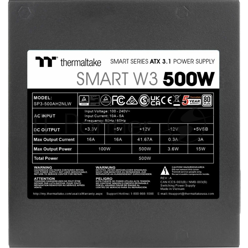 Блок питания 500W Thermaltake Smart RGB 500W (ATX, APFC, 20+4 pin, 120mm fan, PCI-E 6+2Px2, 4xSATA) (PS-SPW-0500NNFAWE-1)