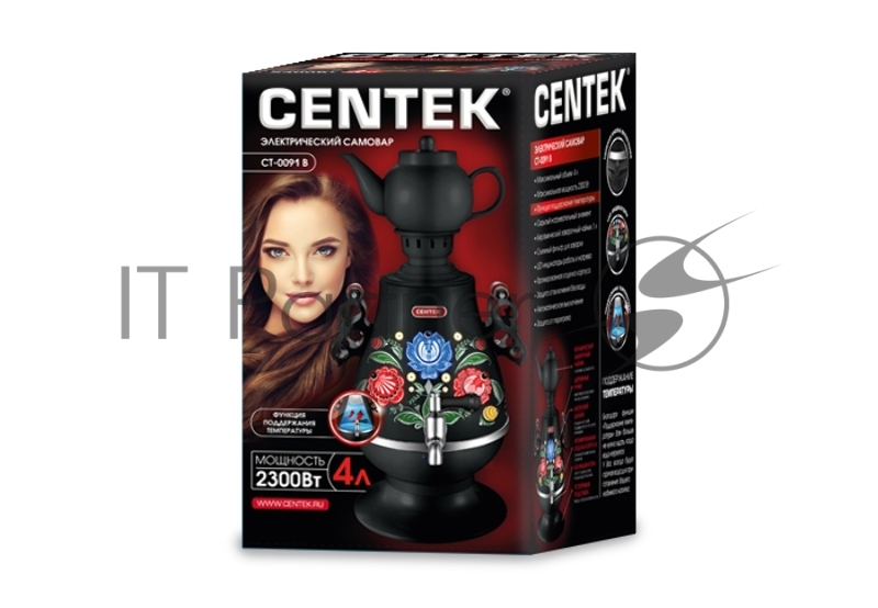 Самовар Centek CT-0091 B (черн+рисунок), 4.0л, 2300Вт, поддерж.t + LED индикатор, керам заварник
