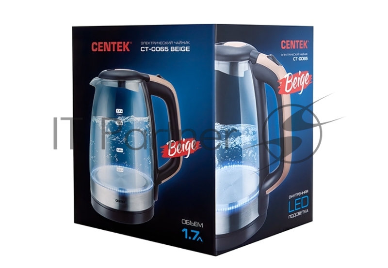 Чайник Centek CT-0065 <Beige> стекло, 1.7л 2200Вт, LED-подсветка, мерная шкала, защита от вкл б/воды