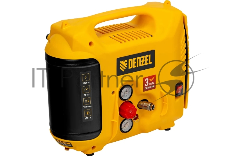 Компрессор воздушный DL1300, 10 бар, 1,3 кВт, 180 л/мин, 5 л, с набором аксессуаров Denzel