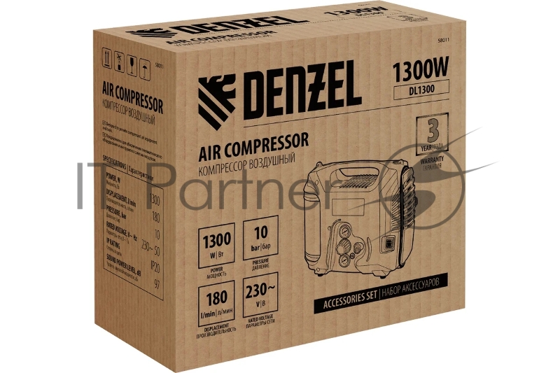 Компрессор воздушный DL1300, 10 бар, 1,3 кВт, 180 л/мин, 5 л, с набором аксессуаров Denzel