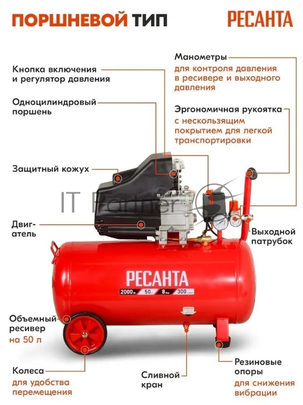 Компрессор Ресанта КП-8/50Л 900/74/7/10