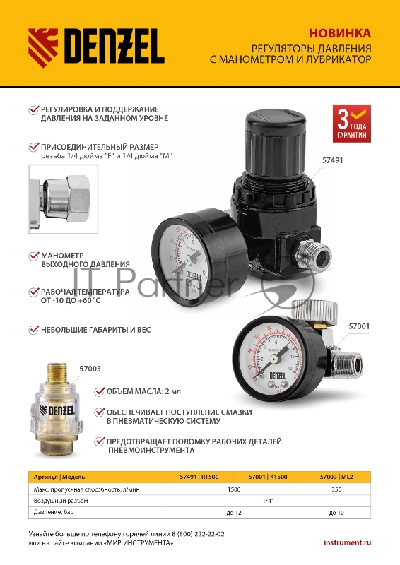 Регулятор давления с манометром для краскораспылителя K1500, 12 бар, 1/4 Denzel