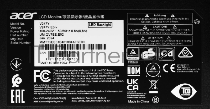 Монитор 23.8 Acer Vero V247YEbiv IPS 1920x1080, 100 Гц, 4 мс, 16:9, 250 кд/м2, 1xHDMI, черный