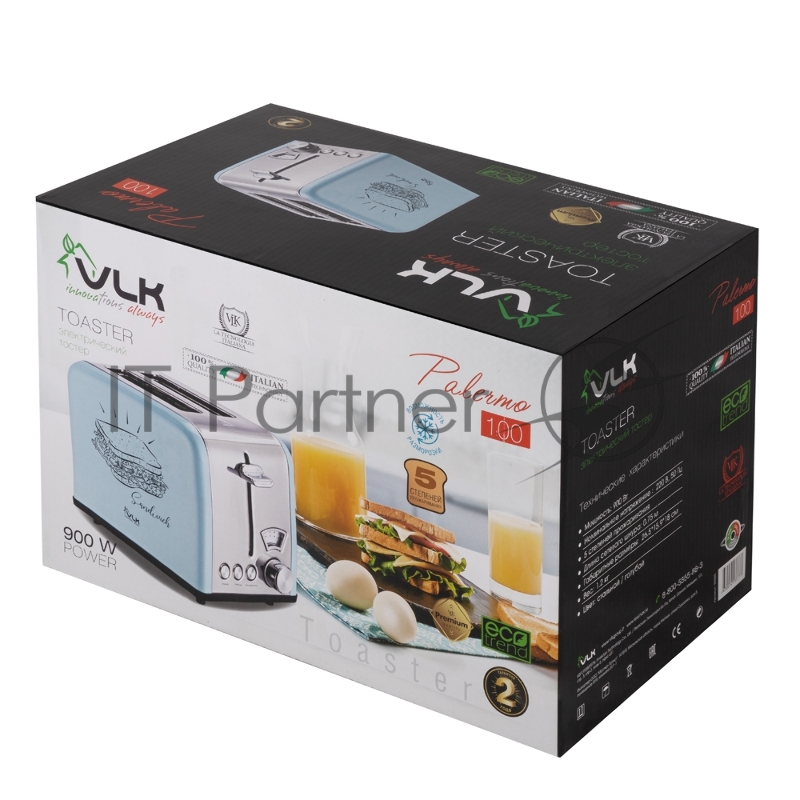 Тостер VLK Palermo 100, мощность 900 Вт, цвет голубой, 5 регулировок поджаривания