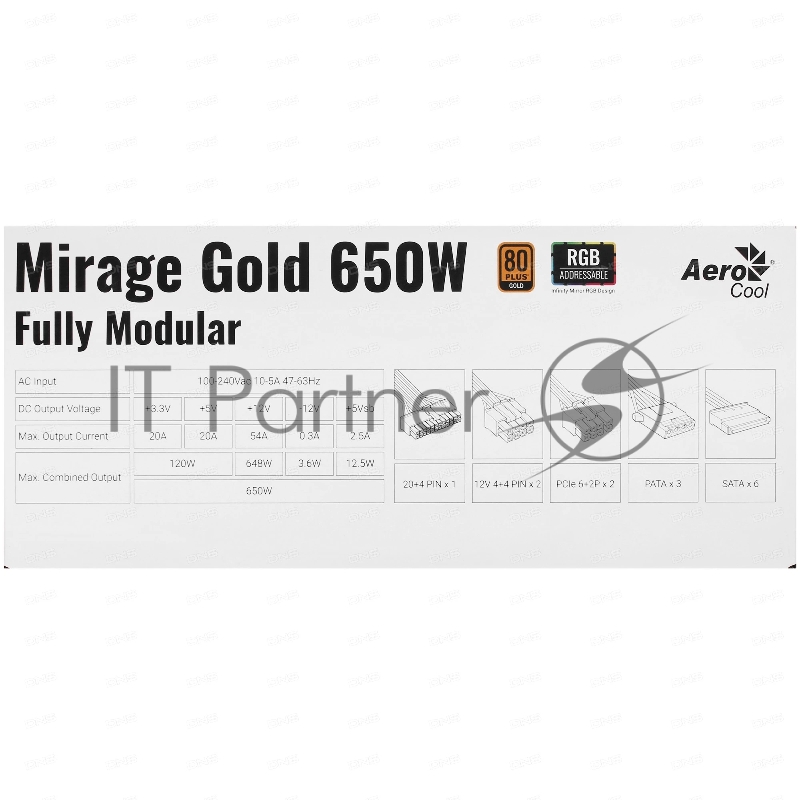 Блок питания Aerocool MIRAGE GOLD 650W, 650Вт, 80 PLUS Gold, 120мм, модульный, черный