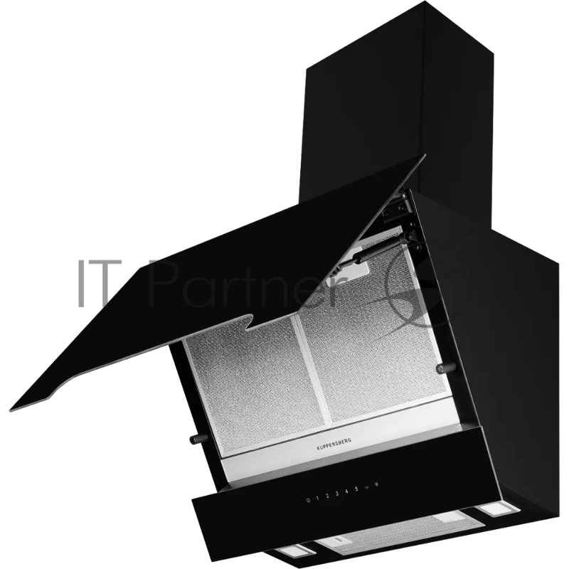 Наклонная вытяжка Kuppersberg F 693 ширина 60 см, отвод/рециркуляция, подъемные амортизаторы, 850 м3/час, электронное сенсорное управление, дисплей, таймер, 5 скоростей, светодиодное освещение 2х2 Вт, металлические жироулавливающие фильтры, угольный