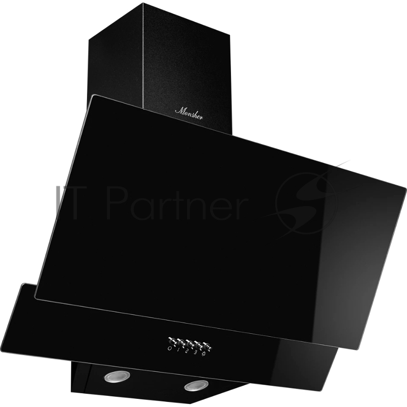 Наклонная вытяжка MONSHER ROUEN 60 Noir Verre, ширина 60 см, отвод/рециркуляция, 700 м3/час, механическое кнопочное управление, 3 скорости, светодиодное освещение 2*1 Вт, металлические жироулавливающие фильтры, угольный фильтр KFM 101 (опция), цвет: