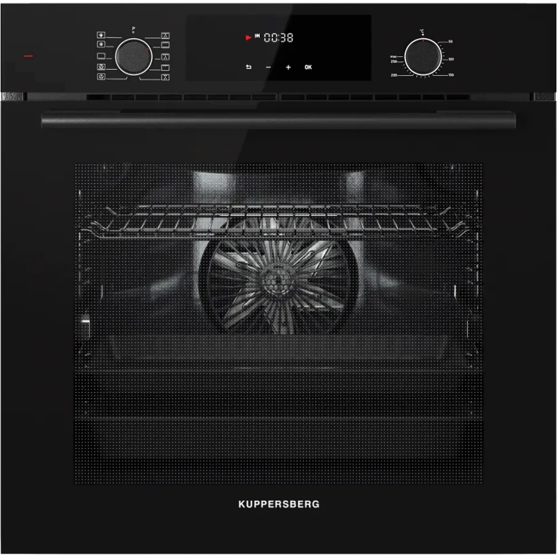 Встраиваемый духовой шкаф KUPPERSBERG HF 609 B, High-Tech, объем 80 л, 10 режимов работы, телескопические направляющие, цифровой таймер, 2 стекла в дверце, утапливаемые переключатели, энергоэффективность А, цвет черный