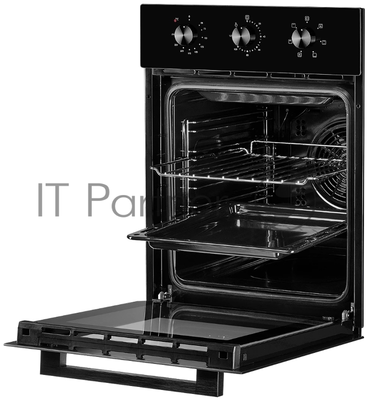 Встраиваемый духовой шкаф Monsher MOE 4563 Noir, электрический, High-Tech, объем 50 л, конвекция, гриль, 3 стекла в дверце, съемные стекла, съемная дверца, телескопические направляющие, цвет черный