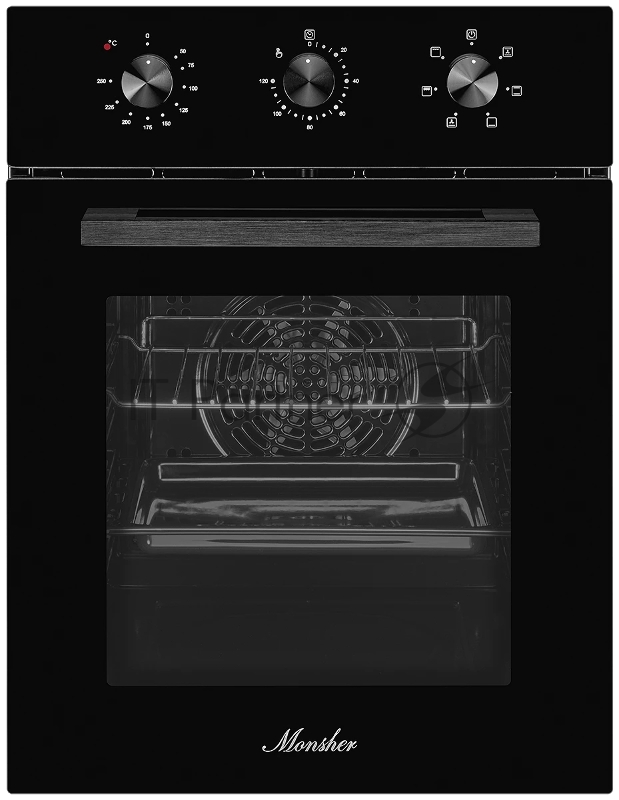 Встраиваемый духовой шкаф Monsher MOE 4563 Noir, электрический, High-Tech, объем 50 л, конвекция, гриль, 3 стекла в дверце, съемные стекла, съемная дверца, телескопические направляющие, цвет черный