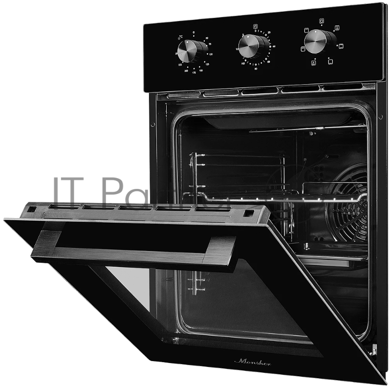Встраиваемый духовой шкаф Monsher MOE 4563 Noir, электрический, High-Tech, объем 50 л, конвекция, гриль, 3 стекла в дверце, съемные стекла, съемная дверца, телескопические направляющие, цвет черный