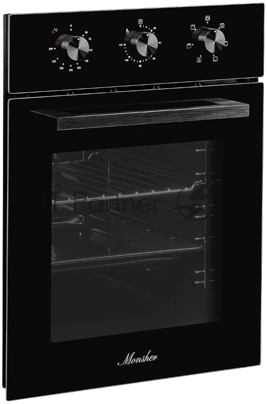 Встраиваемый духовой шкаф Monsher MOE 4563 Noir, электрический, High-Tech, объем 50 л, конвекция, гриль, 3 стекла в дверце, съемные стекла, съемная дверца, телескопические направляющие, цвет черный