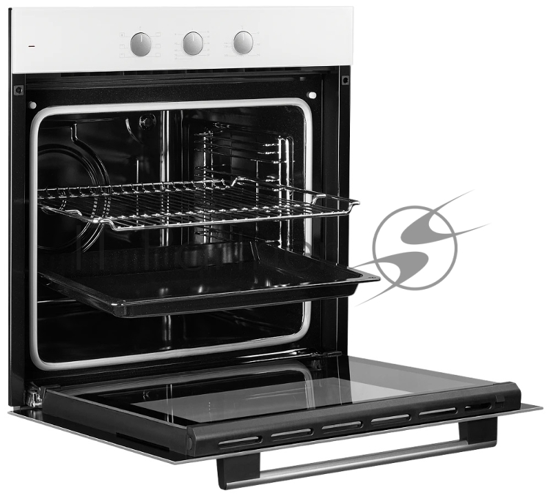 Встраиваемый электрический духовой шкаф MONSHER MOE 6026 Blanc, 6 режимов: Нижний нагрев, Традиционный нагрев, Гриль, Макси-Гриль, Верхний нагрев, Освещение, утапливаемые поворотные переключатели, механический таймер, количество стекол в дверце: 2 (S