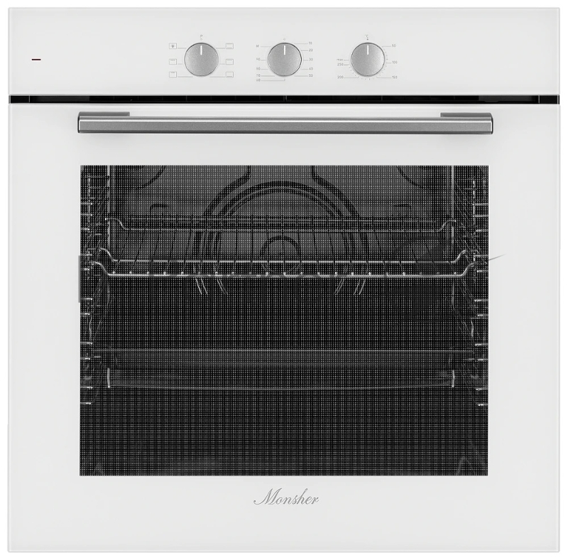 Встраиваемый электрический духовой шкаф MONSHER MOE 6026 Blanc, 6 режимов: Нижний нагрев, Традиционный нагрев, Гриль, Макси-Гриль, Верхний нагрев, Освещение, утапливаемые поворотные переключатели, механический таймер, количество стекол в дверце: 2 (S