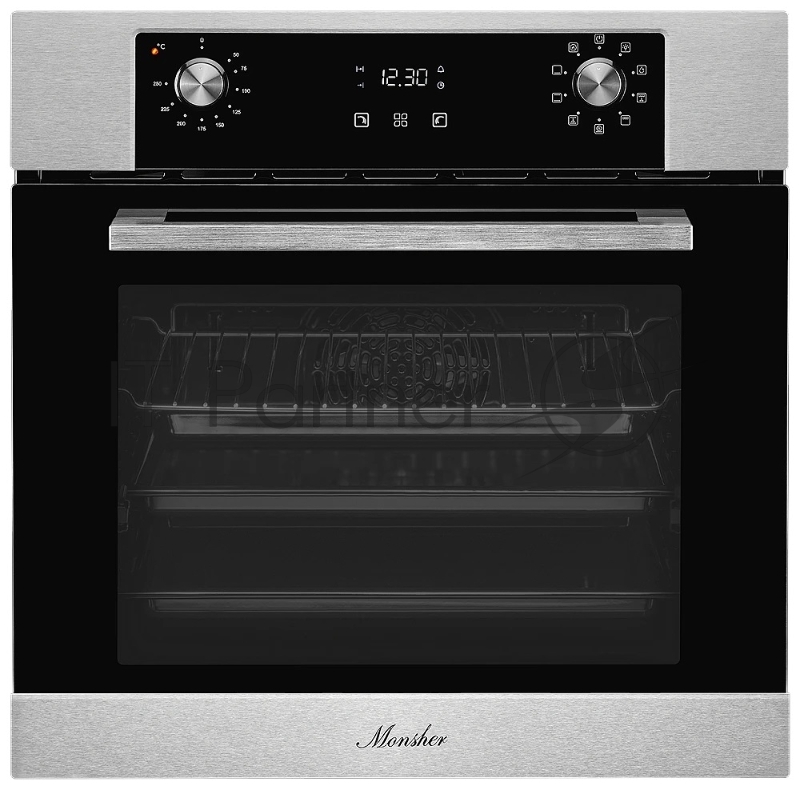 Встраиваемый электрический духовой шкаф MONSHER MOE 6092 Acier, 9 режимов: Традиционный нагрев, Макси-Гриль, Макси-Гриль с конвекцией, Нижний нагрев, Разморозка, Традиционный нагрев с конвекцией, Режим подсветка, Конвекция, Режим пицца, утапливаемые