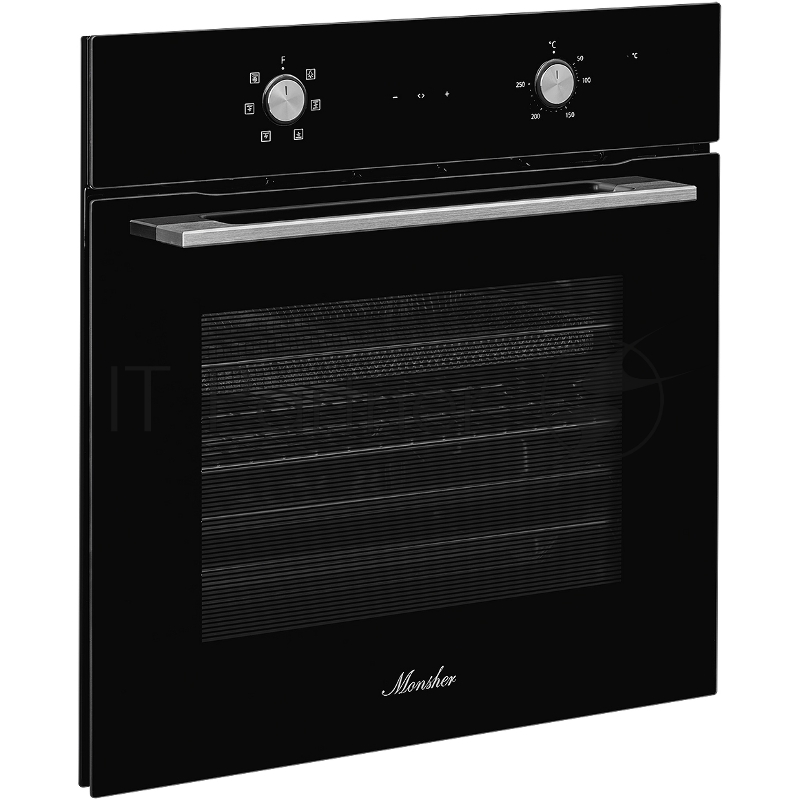 Духовой шкаф MONSHER MOE 6162 Noir, 5 режимов работы, объем духовки 58 л., утапливаемые переключатели, сенсорный таймер, 2 стекла в дверце, энергоэффективность А, цвет: черный,фурнитура серебряная