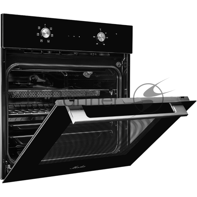 Духовой шкаф MONSHER MOE 6162 Noir, 5 режимов работы, объем духовки 58 л., утапливаемые переключатели, сенсорный таймер, 2 стекла в дверце, энергоэффективность А, цвет: черный,фурнитура серебряная