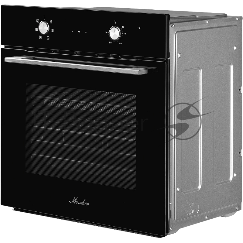 Духовой шкаф MONSHER MOE 6162 Noir, 5 режимов работы, объем духовки 58 л., утапливаемые переключатели, сенсорный таймер, 2 стекла в дверце, энергоэффективность А, цвет: черный,фурнитура серебряная